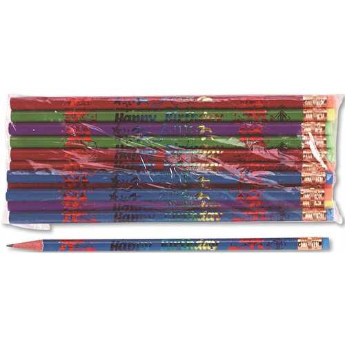 Moon Products 10156088 DECORATED WOOD PENCIL, HAPPY BIRTHDAY, #2, BLK/BE/GN/PE/RD, DOZEN