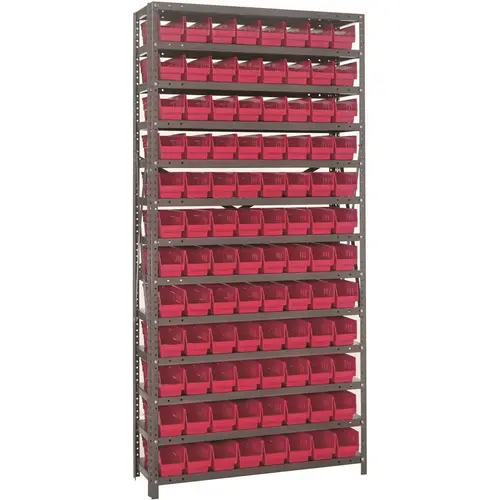 QUANTUM STORAGE SYSTEMS 1275-101RD Economy 4 in. Shelf Bin 12 in. x 36 in. x 75 in. 13-Tier Shelving System Complete with QSB101 Red Bins