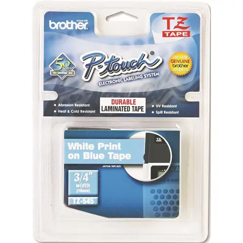 BROTHER INTL. CORP. 10164413 TZ STANDARD ADHESIVE LAMINATED LABELING TAPE, 3/4 IN. W, WHITE ON BLUE