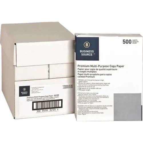 Business Source 2494626 MULTIPURPOSE PAPER, 20 LB., 92 BRIGHT, 8-1/2 IN. X 11 IN., 5 REAMS PER CARTON, WHITE - pack of 2500