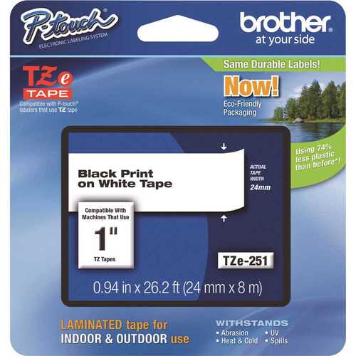 BROTHER INTL. CORP. BRTTZE251 1 in. W Black On White Standard Adhesive Laminated Labeling Tape