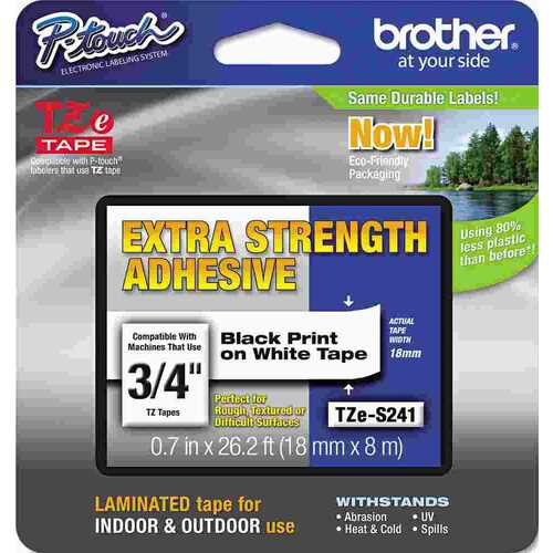 BROTHER TZE EXTRA-STRENGTH ADHESIVE LAMINATED LABELING TAPE, 3/4W, BLACK ON WHITE