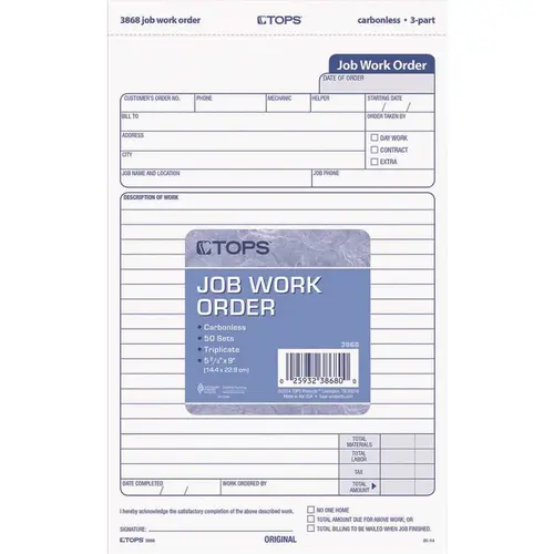 Tops TOP3868 5-1/2 in. x 8-1/2 in. Snap-Off Job Work Order Form 3-Part Carbonless 50 Forms Assorted