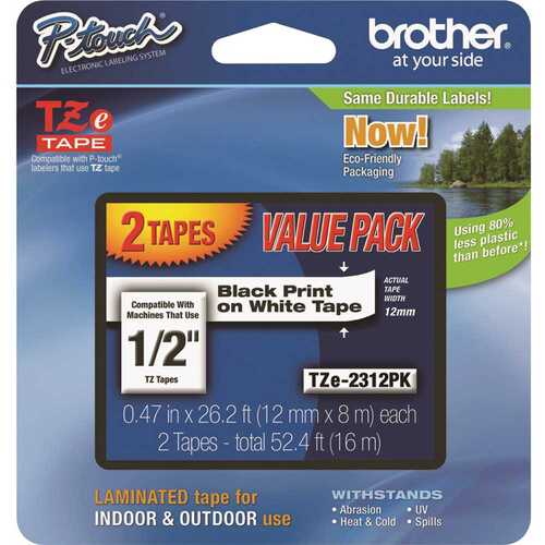 BROTHER INTL. CORP. BRTTZE2312PK 12 mm Black on White Tape for P-Touch 8 M