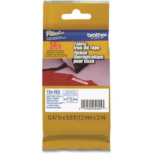 BROTHER INTL. CORP. BRTTZEFA3 Industrial Series 1/2 in. x 9.8 ft. Navy-On-White Fabric Iron-On Tape
