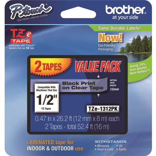 BROTHER INTL. CORP. BRTTZE1312PK 12 mm Black on Clear Tape for P-Touch 8 M