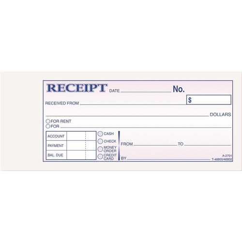 RECEIPT BOOK, 2-3/4 X 7-3/16, THREE-PART CARBONLESS, 50 FORMS