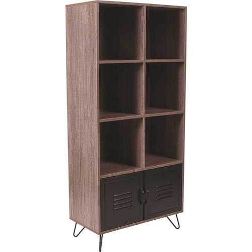 59.25 in. Brown/Black Metal 7-shelf Standard Bookcase with Doors