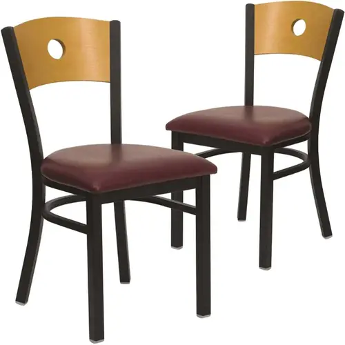 Natural Wood Back/Burgundy Vinyl Seat/Black Metal Frame Restaurant Chairs