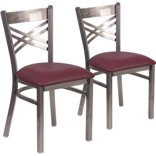 Burgundy Vinyl Seat/Clear Coated Metal Frame Restaurant Chairs