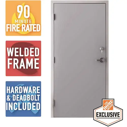 36 in. x 84 in. Fire-Rated Gray Right-Hand Flush Steel Prehung Commercial Door with Welded Frame, Deadlock and Hardware