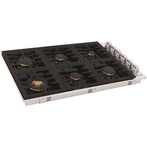 ZLINE Kitchen and Bath RC-BR-36-PBT 36 in. 6 Burner Top Control Porcelain Gas Cooktop with Brass Burners in Stainless Steel