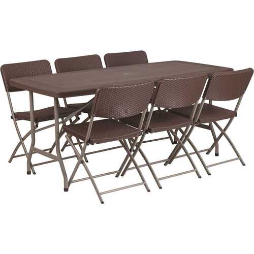 67.5 in. Brown Plastic Tabletop Plastic Seat Folding Table and Chair Set