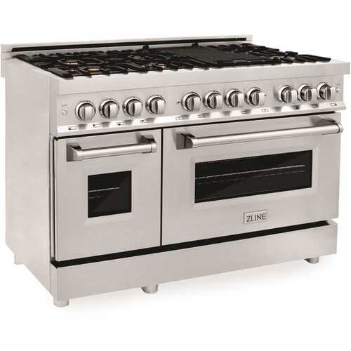 ZLINE Kitchen and Bath RA-BR-48 48 in. 7 Burner Double Oven Dual Fuel Range with Brass Burners in Stainless Steel