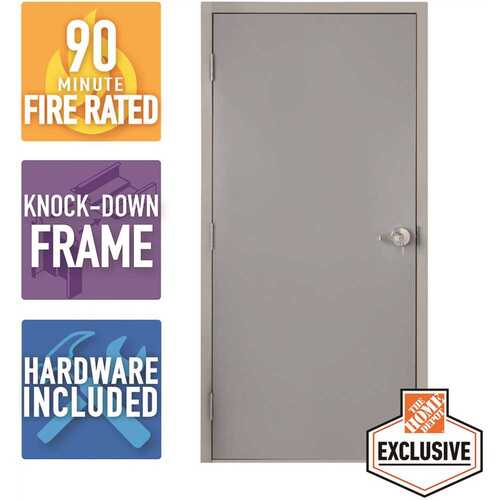 36 in. x 84 in. Gray Right-Hand Outswing Flush Steel Commercial Door with Knock Down Frame and Hardware