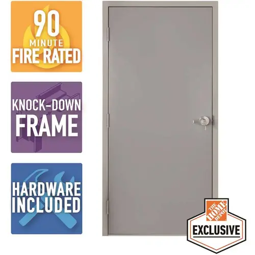 36 in. x 80 in. Gray Right-Hand Outswing Flush Steel Commercial Door with Knock Down Frame and Hardware Galvanneal