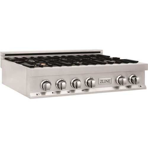 ZLINE Kitchen and Bath RT-BR-36 36 in. 6 Burner Front Control Gas Cooktop with Brass Burners in Stainless Steel