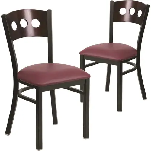 Walnut Wood Back/Burgundy Vinyl Seat/Black Metal Frame Restaurant Chairs