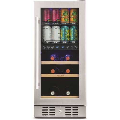 NewAir NWB057SS00 Premium 15 in. Built-In Dual Zone 9-Bottle Wine and 48 Can Beverage Cooler Fridge with SplitShelf - Stainless Steel