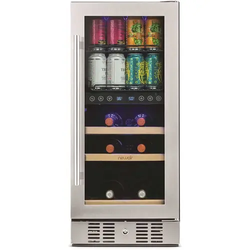 Premium 15 in. Built-In Dual Zone 9-Bottle Wine and 48 Can Beverage Cooler Fridge with SplitShelf - Stainless Steel