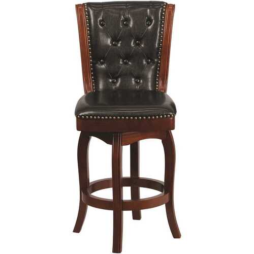 26 in. High Cherry Wood Counter Height Stool with Button Tufted Back and Black Leather Swivel Seat Color/Finish Family