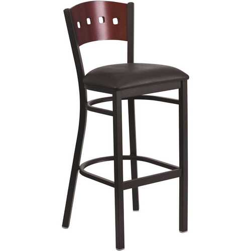 32 in. Mahogany Wood Back/Black Vinyl Seat/Black Metal Frame Bar Stool