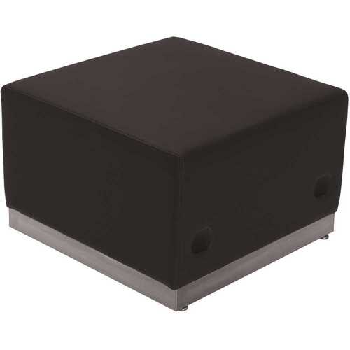 Black Leather Ottoman with Brushed Stainless-Steel Base