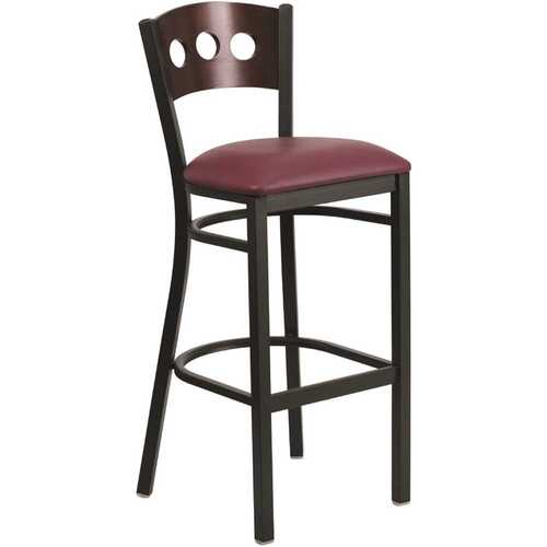 32 in. Walnut Wood Back/Burgundy Vinyl Seat/Black Metal Frame Bar Stool Color/Finish Family