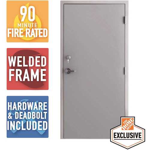 36 in. x 80 in. Fire-Rated Gray Left-Hand Flush Steel Prehung Commercial Door with Welded Frame, Deadlock and Hardware