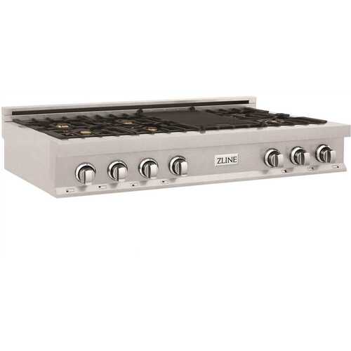 ZLINE Kitchen and Bath RTS-BR-48 48 in. 7 Burner Front Control Gas Cooktop with Brass Burners in Fingerprint Resistant Stainless Steel with Griddle