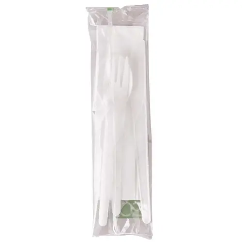 Eco-Products, Inc EP-S015 6 in. Plant Ware White Wrapped Compostable Cutlery Kit with Fork, Knife, Spoon and Napkin - pack of 250