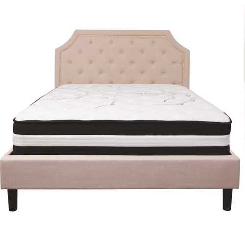 Beige Queen Platform Bed and Mattress Set