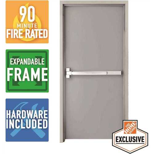 36 in. x 84 in. Fire-Rated Right-Hand Galvanneal Finish Steel Commercial Door Slab with Panic Bar and Adjustable Frame
