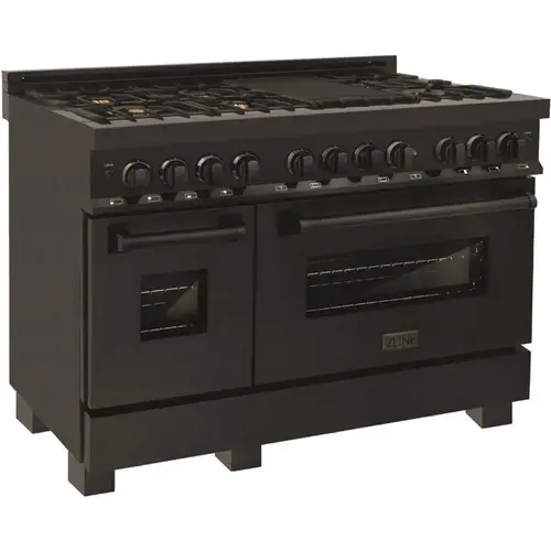 48 in. 7 Burner Double Oven Dual Fuel Range in Black Stainless Steel