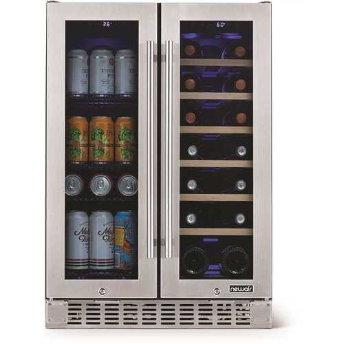 NewAir NWB080SS00 24 in. 18 Bottle and 58 Can Premium Built-in Dual Zone French Door Wine and Beverage Fridge with SplitShelf