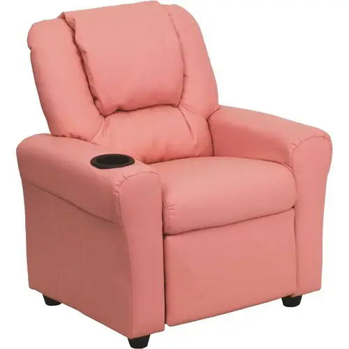 Contemporary Pink Vinyl Kids Recliner with Cup Holder and Headrest