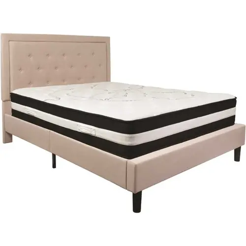 Beige Queen Platform Bed and Mattress Set