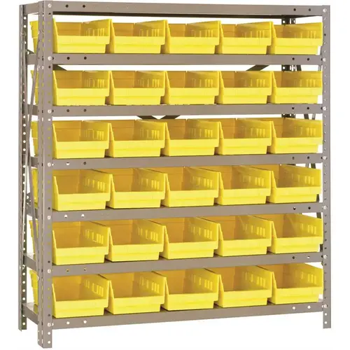 QUANTUM STORAGE SYSTEMS 1239-102YL Economy 4 in. Shelf Bin 12 in. x 36 in. x 39 in. 7-Tier Shelving System Complete with QSB102 Yellow Bins