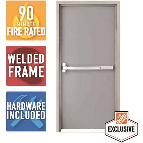 36 in. x 80 in. Fire-Rated Gray Right-Hand Flush Steel Prehung Commercial Door and Frame with Panic Bar and Hardware