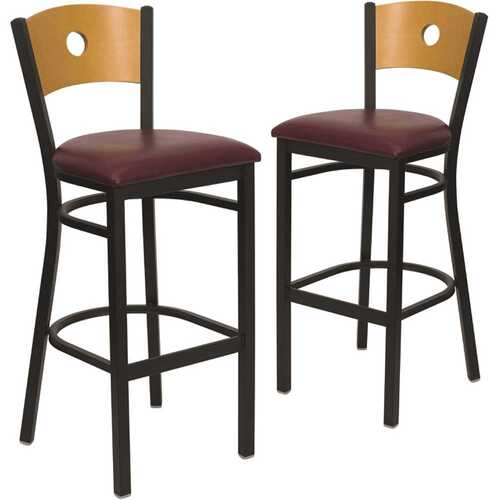 32 in. Natural Wood Back/Burgundy Vinyl Seat/Black Metal Frame Bar Stool