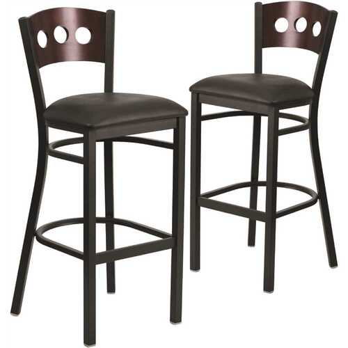 32 in. Walnut Wood Back/Black Vinyl Seat/Black Metal Frame Bar Stool