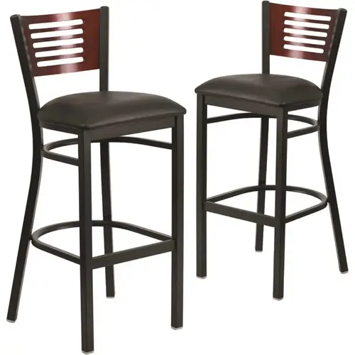 32 in. Mahogany Wood Back/Black Vinyl Seat/Black Metal Frame Bar Stool