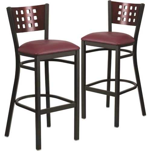 32 in. Mahogany Wood Back/Burgundy Vinyl Seat/Black Metal Frame Bar Stool