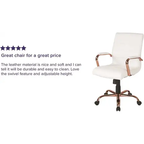 Whitney Mid-Back Faux Leather Swivel Ergonomic Office Chair in White/Rose Gold Frame with Arms