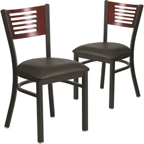 Mahogany Wood Back/Black Vinyl Seat/Black Metal Frame Restaurant Chairs