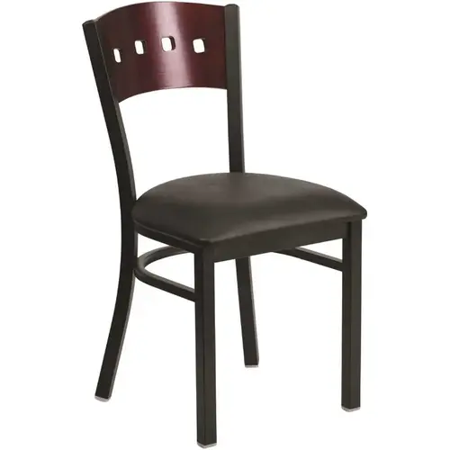 Mahogany Wood Back/Black Vinyl Seat/Black Metal Frame Vinyl Dining Chair