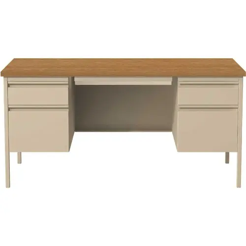 Commercial 60 in. W x 30 in. D Rectangular Shape Black/Mahogany 5-Drawer Executive Desk with Double Pedestal Putty/Oak