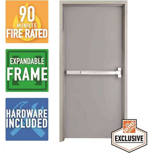 36 in. x 84 in. Fire-Rated Left Hand Galvanneal Finish Steel Commercial Door Slab with Panic Bar and Adjustable Frame