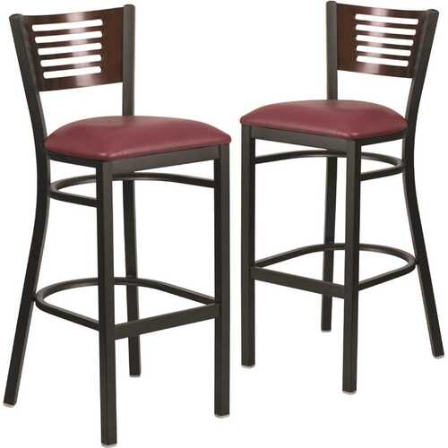 32 in. Walnut Wood Back/Burgundy Vinyl Seat/Black Metal Frame Bar Stool