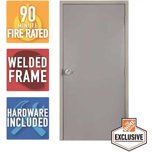 36 in. x 84 in. Fire-Rated Gray Left-Hand Flush Entrance Steel Prehung Commercial Door with Welded Frame and Hardware